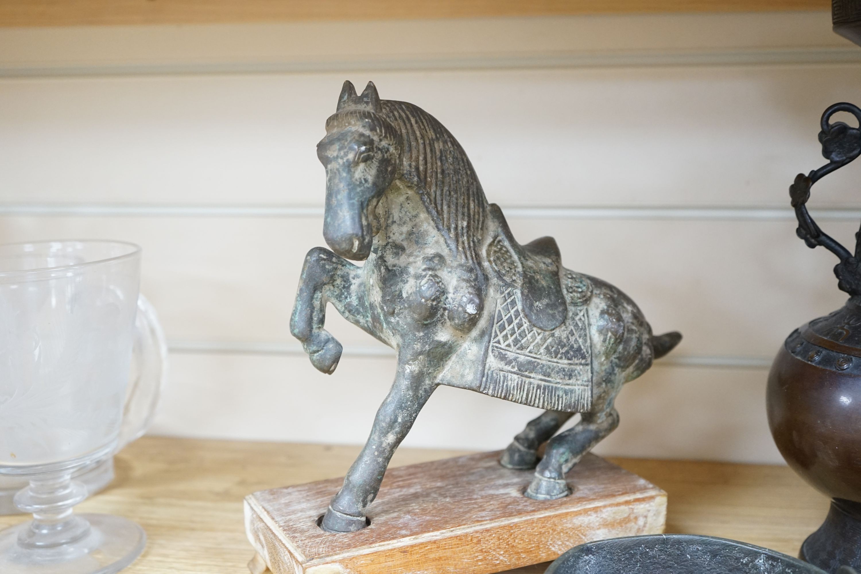 Two Tang style horses and other Asian metalware 29cm